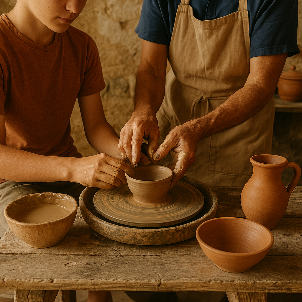 Atelier de poterie dans un atelier familial à Damalas sans texte
