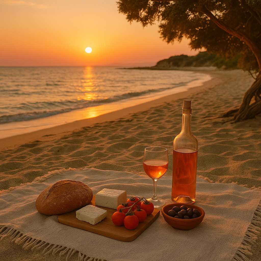 Pique-nique au coucher du soleil sur la plage d’Alyko
