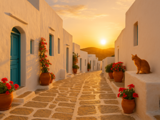 Coucher de soleil sur une ruelle typique de Sifnos, maisons blanches, portes bleues, pots de fleurs rouges et chat assis sur un muret.