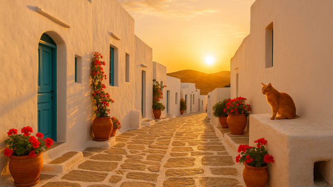 Coucher de soleil sur une ruelle typique de Sifnos, maisons blanches, portes bleues, pots de fleurs rouges et chat assis sur un muret. Coucher de soleil sur une ruelle typique de Sifnos, maisons blanches, portes bleues, pots de fleurs rouges et chat assis sur un muret.