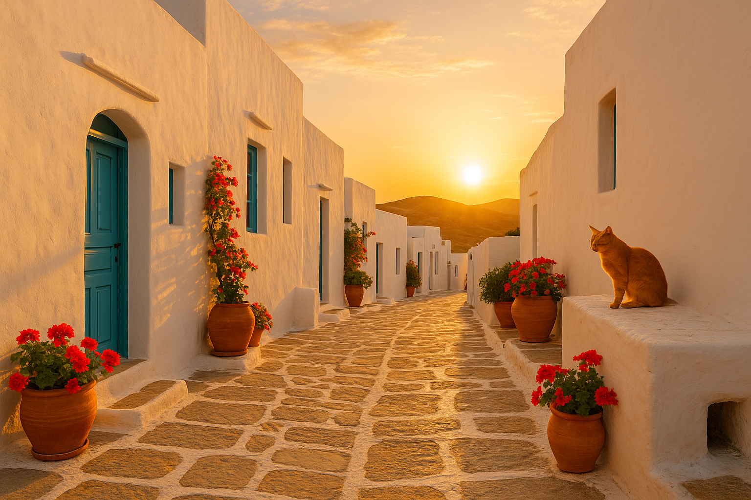 Coucher de soleil sur une ruelle typique de Sifnos, maisons blanches, portes bleues, pots de fleurs rouges et chat assis sur un muret.