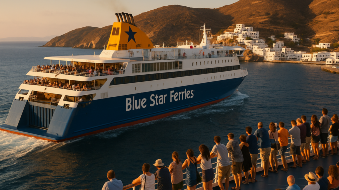 Ferry Blue Star approchant une île des Cyclades au coucher du soleil, avec des passagers observant les maisons blanches perchées sur la colline. Ferry Blue Star approchant une île des Cyclades au coucher du soleil, avec des passagers observant les maisons blanches perchées sur la colline.