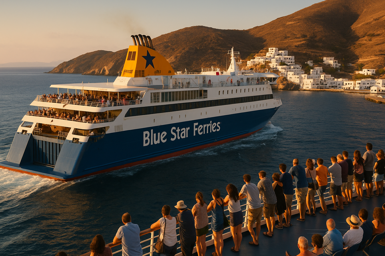 Ferry Blue Star approchant une île des Cyclades au coucher du soleil, avec des passagers observant les maisons blanches perchées sur la colline.