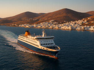 Ferry approchant du port d’une île des Cyclades au coucher du soleil, avec maisons blanches en bord de mer et collines dorées en arrière-plan.