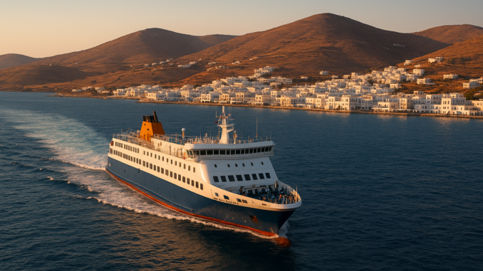 Ferry approchant du port d’une île des Cyclades au coucher du soleil, avec maisons blanches en bord de mer et collines dorées en arrière-plan.