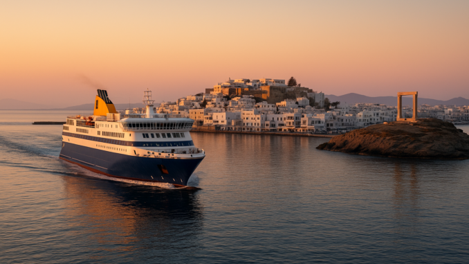 Ferry arrivant au port de Naxos au lever du soleil, avec la Portara antique et les maisons blanches éclairées par une lumière dorée. Ferry arrivant au port de Naxos au lever du soleil, avec la Portara antique et les maisons blanches éclairées par une lumière dorée.