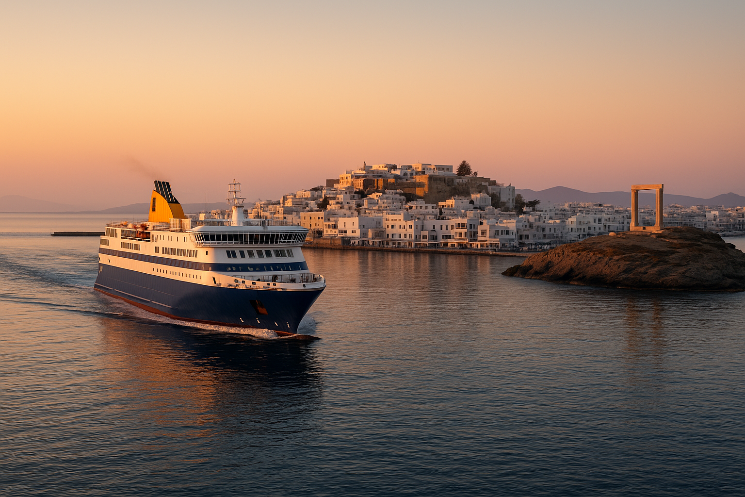 Ferry arrivant au port de Naxos au lever du soleil, avec la Portara antique et les maisons blanches éclairées par une lumière dorée.