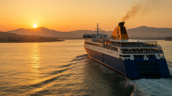Ferry blanc et bleu quittant le port du Pirée au lever du soleil, avec Athènes et ses collines en arrière-plan, éclairé par une lumière dorée sur la mer Égée. Ferry blanc et bleu quittant le port du Pirée au lever du soleil, avec Athènes et ses collines en arrière-plan, éclairé par une lumière dorée sur la mer Égée