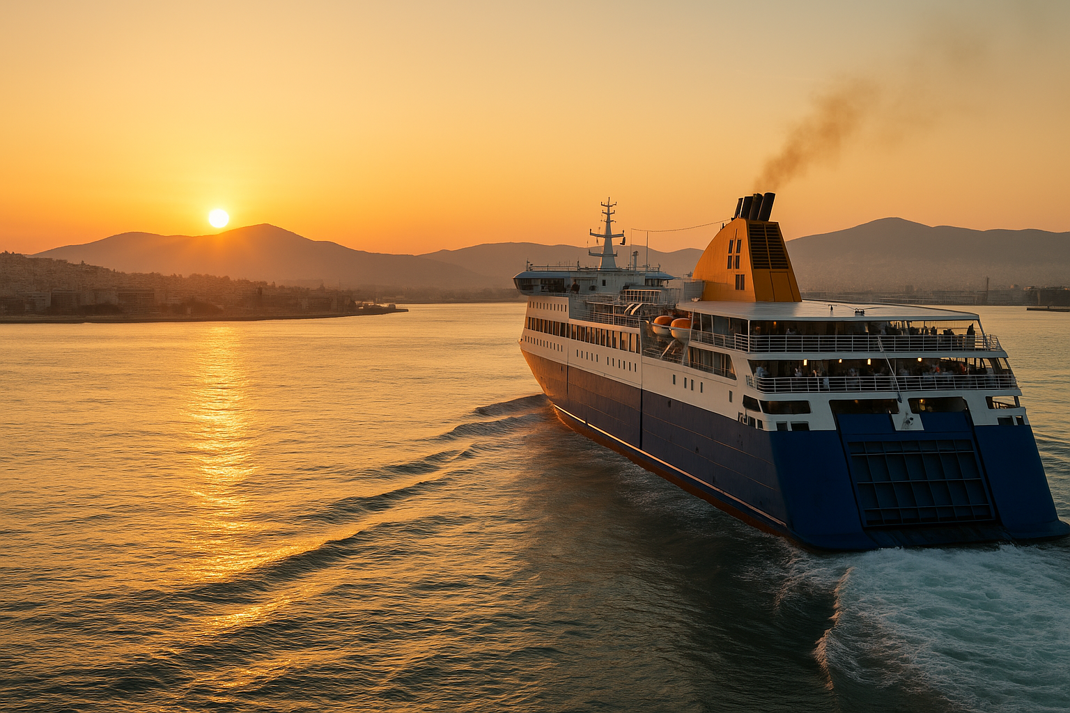 Ferry blanc et bleu quittant le port du Pirée au lever du soleil, avec Athènes et ses collines en arrière-plan, éclairé par une lumière dorée sur la mer Égée