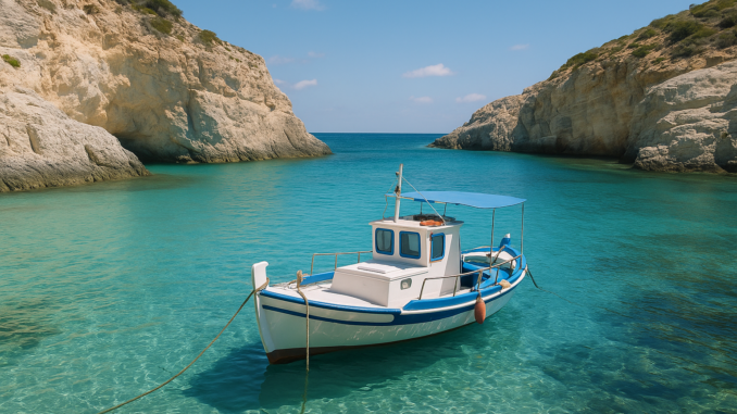 Petit bateau de pêche blanc et bleu amarré dans une crique aux eaux turquoise des Cyclades, entourée de falaises rocheuses sous un ciel ensoleillé. Petit bateau de pêche blanc et bleu amarré dans une crique aux eaux turquoise des Cyclades, entourée de falaises rocheuses sous un ciel ensoleillé.