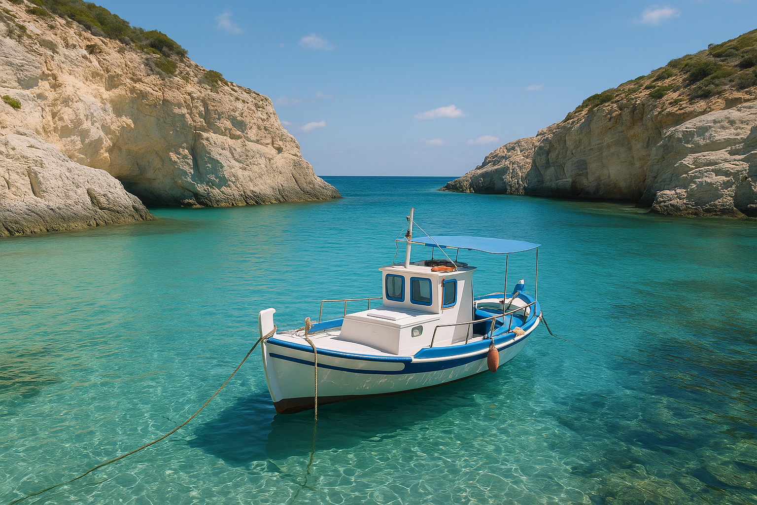 Petit bateau de pêche blanc et bleu amarré dans une crique aux eaux turquoise des Cyclades, entourée de falaises rocheuses sous un ciel ensoleillé.