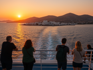 Vue depuis un ferry approchant Paros au coucher du soleil, avec des voyageurs observant l’île, ses maisons blanches et ses collines baignées de lumière dorée.