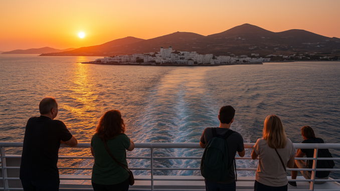 Vue depuis un ferry approchant Paros au coucher du soleil, avec des voyageurs observant l’île, ses maisons blanches et ses collines baignées de lumière dorée. Vue depuis un ferry approchant Paros au coucher du soleil, avec des voyageurs observant l’île, ses maisons blanches et ses collines baignées de lumière dorée.