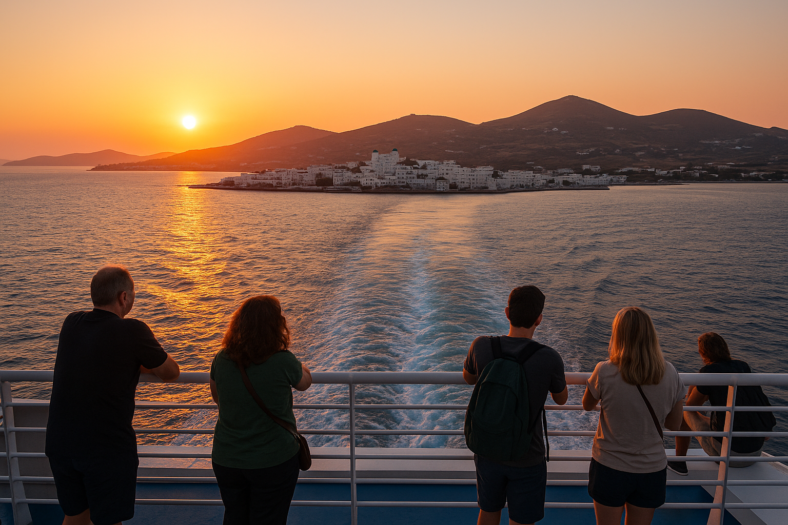 Vue depuis un ferry approchant Paros au coucher du soleil, avec des voyageurs observant l’île, ses maisons blanches et ses collines baignées de lumière dorée.