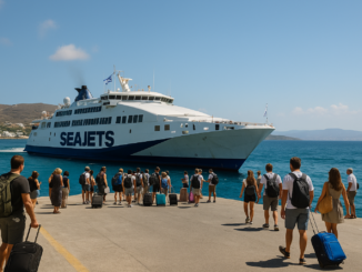 Vue réaliste d’un ferry grec à quai dans les Cyclades, sous un ciel bleu clair. Des passagers montent à bord avec leurs valises, ambiance estivale et détendue, parfaite illustration pour un article sur les trajets entre les îles.