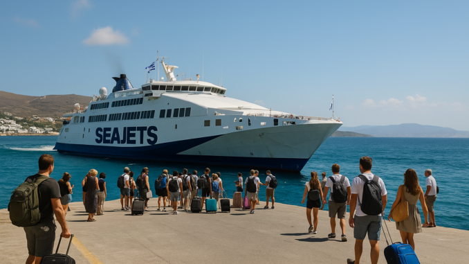 photo ferry Vue réaliste d’un ferry grec à quai dans les Cyclades, sous un ciel bleu clair. Des passagers montent à bord avec leurs valises, ambiance estivale et détendue, parfaite illustration pour un article sur les trajets entre les îles.