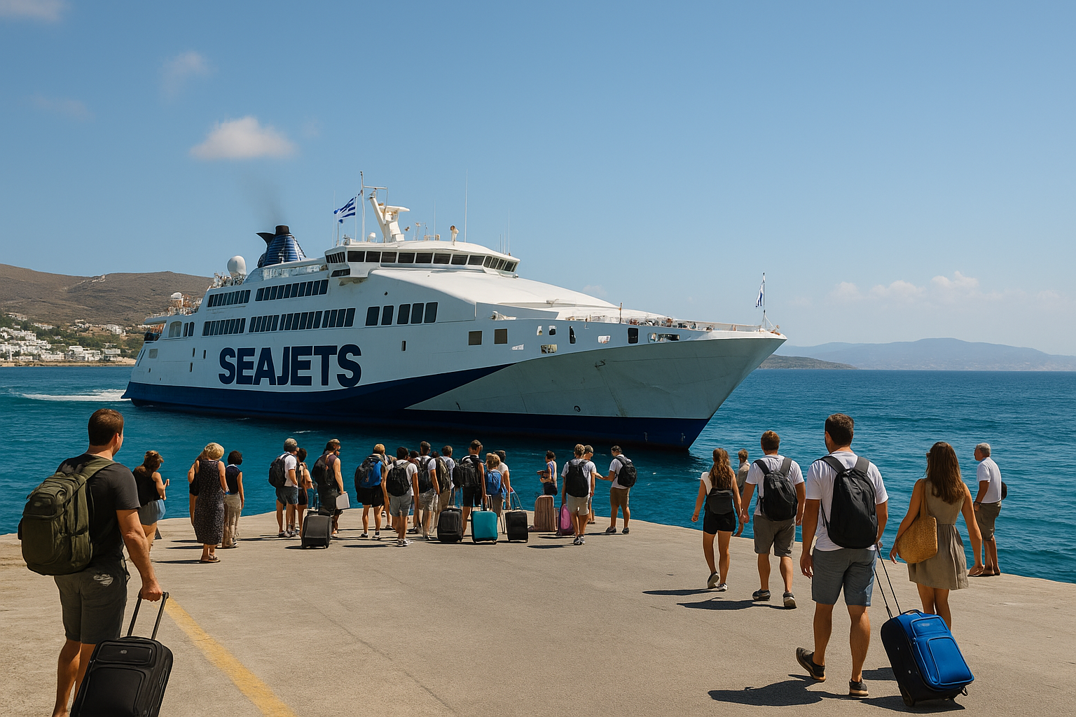 Vue réaliste d’un ferry grec à quai dans les Cyclades, sous un ciel bleu clair. Des passagers montent à bord avec leurs valises, ambiance estivale et détendue, parfaite illustration pour un article sur les trajets entre les îles.