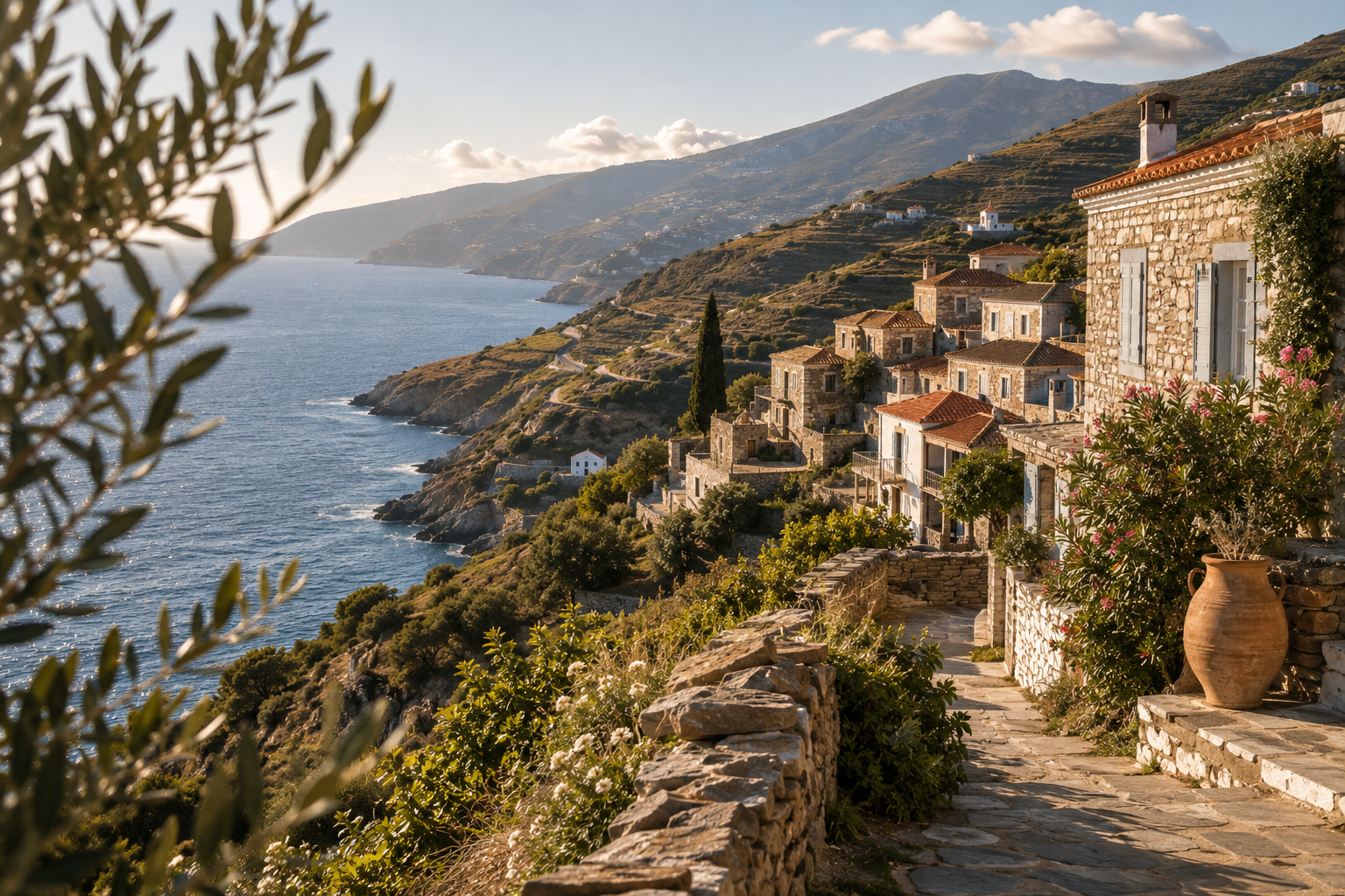 Côte verdoyante d'Andros avec ses villages de pierre