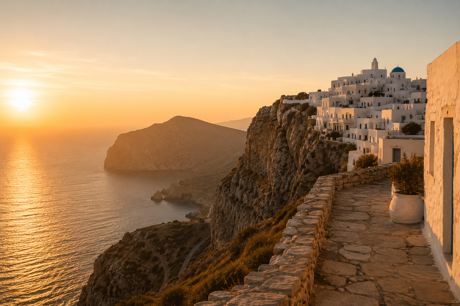 La Chora de Folegandros perchée sur la falaise au coucher du soleil
